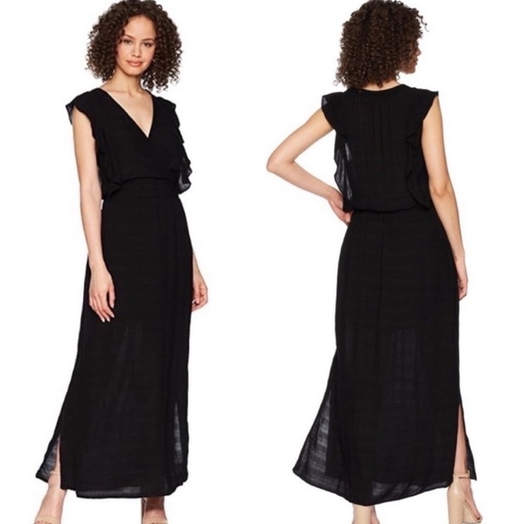 Michael Stars Plisse Stripe Ruffle Maxi Dress black neutral solid sleeveless - Picture 1 of 16